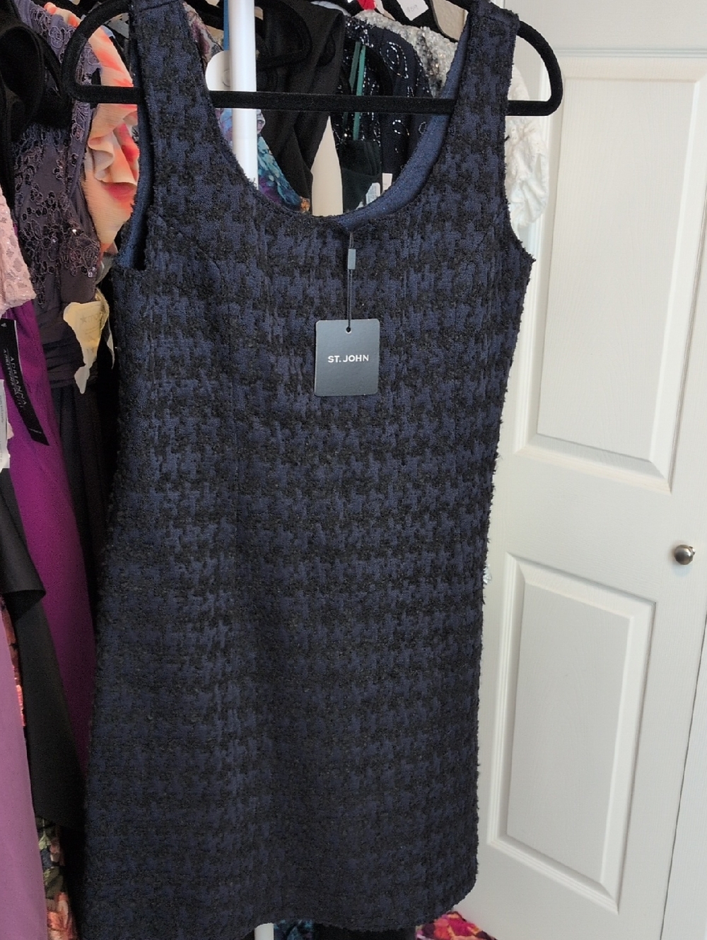 St. John Navy and Black Textured Houndstooth Mini Dress Size 8